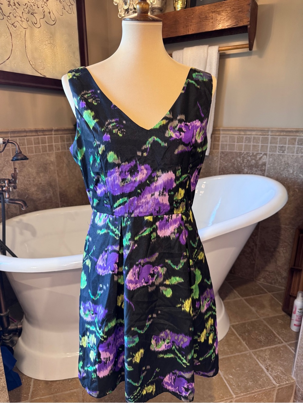 Ducks in a Row Black Floral V-Back Sleeveless Dress Purple Green Accents medium
